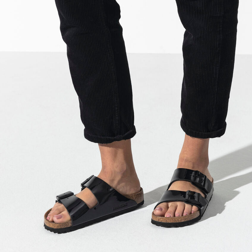 Birkenstock Arizona Two-Strap Patent Sandals Black Narrow Width