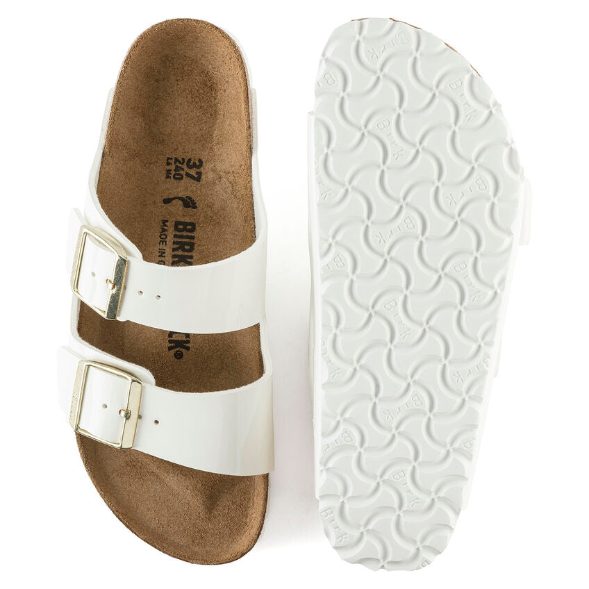 Birkenstock Arizona Two-Strap Patent Sandals White Narrow Width