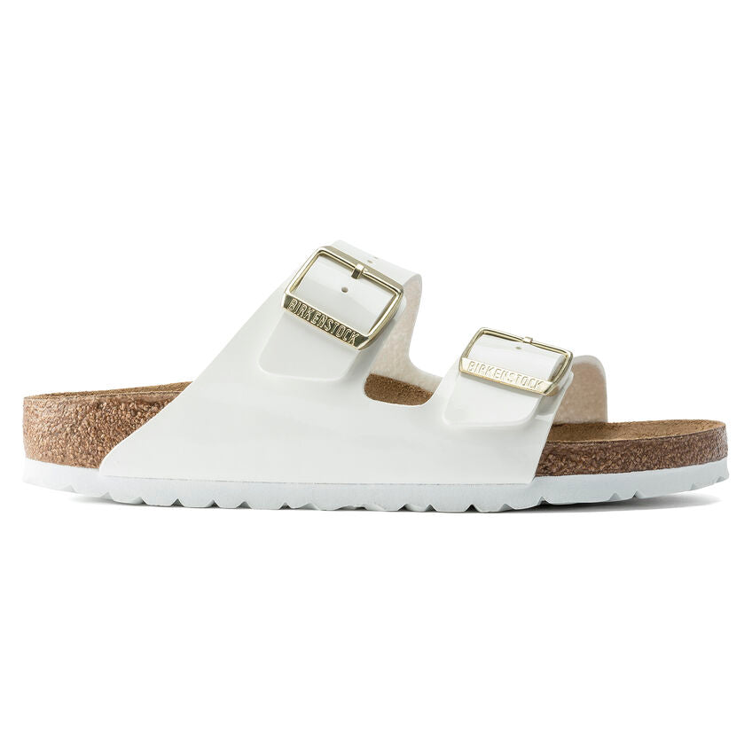 Birkenstock Arizona Two-Strap Patent Sandals White Narrow Width