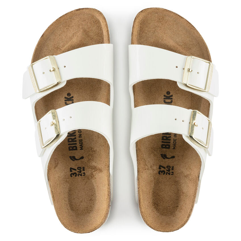 Birkenstock Arizona Two-Strap Patent Sandals White Narrow Width
