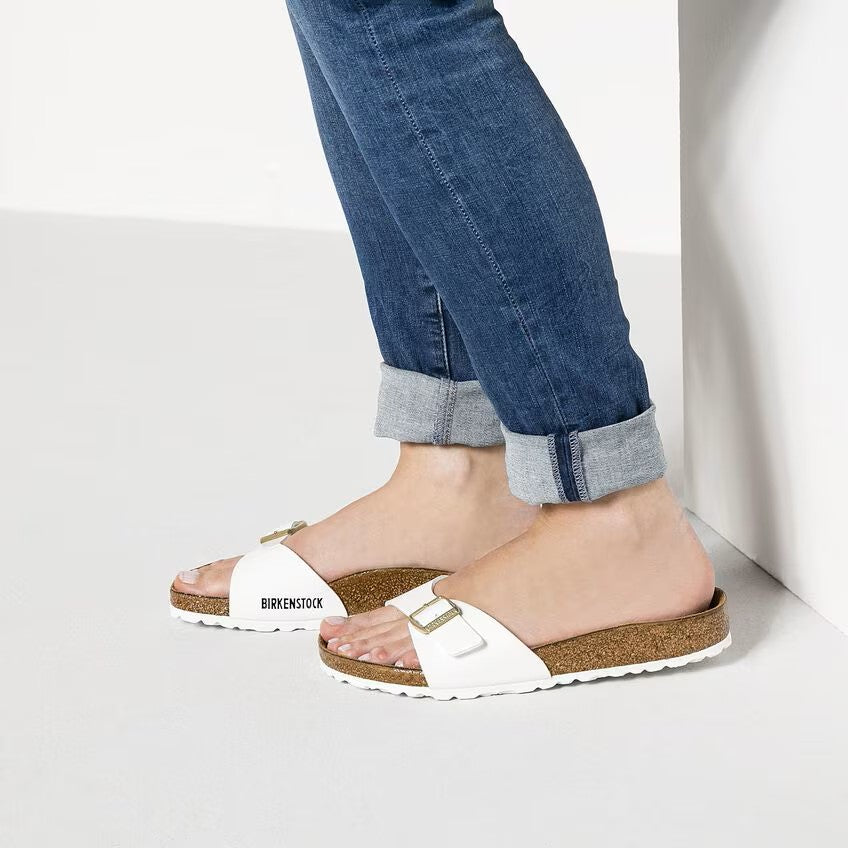 Birkenstock Madrid Birko-Flor Sandals Patent White Narrow Width