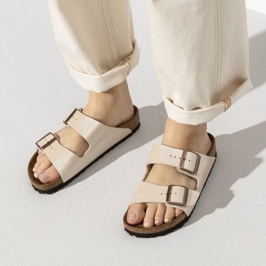 Birkenstock Arizona Two-Strap Birko-Flor Sandals Graceful Pearl White Narrow Fit