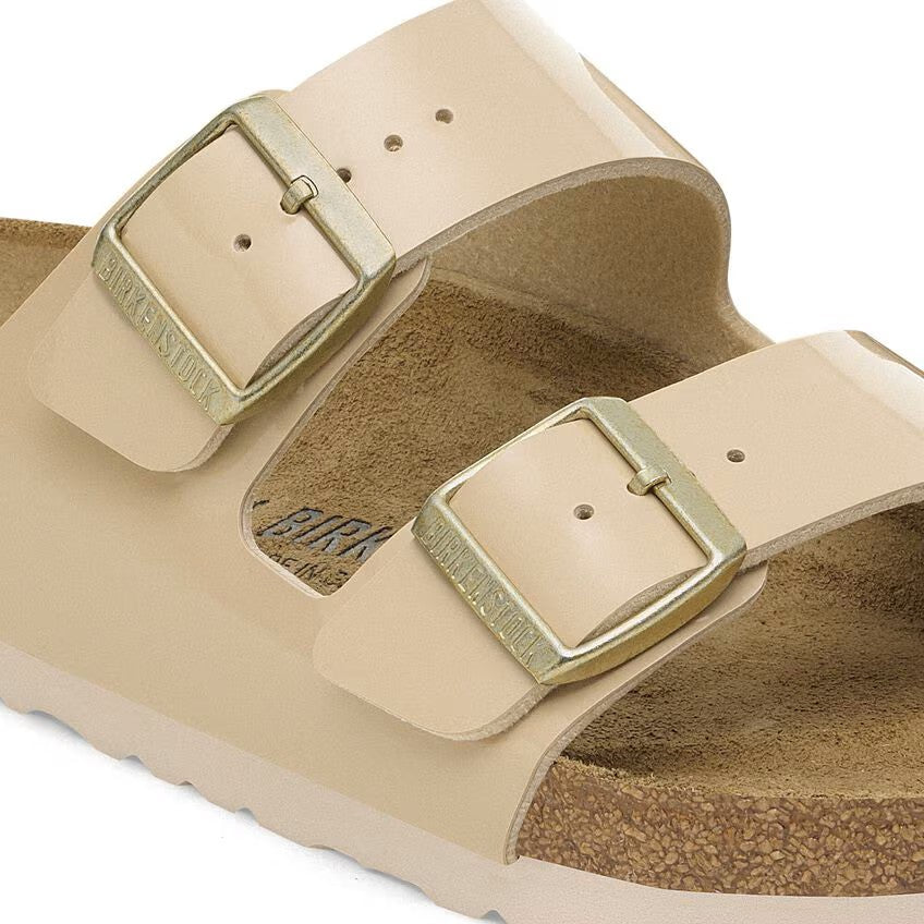 Birkenstock Arizona Two-Strap Patent Sandals Sand Brown Narrow Width