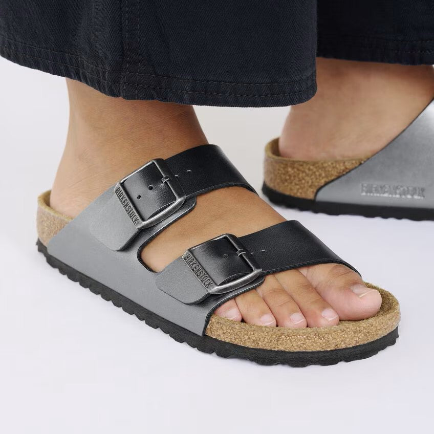 Birkenstock Arizona Two-Strap Birko-Flor Sandals Metallic Black Narrow Fit
