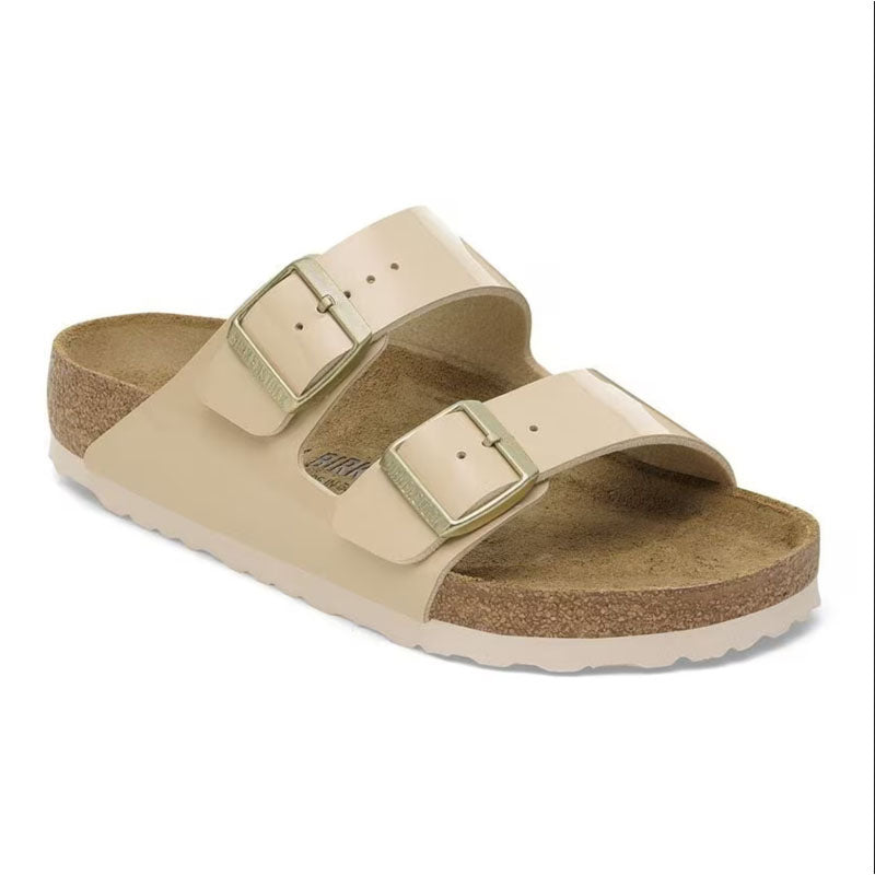 Birkenstock Arizona Two-Strap Patent Sandals Sand Brown Narrow Fit