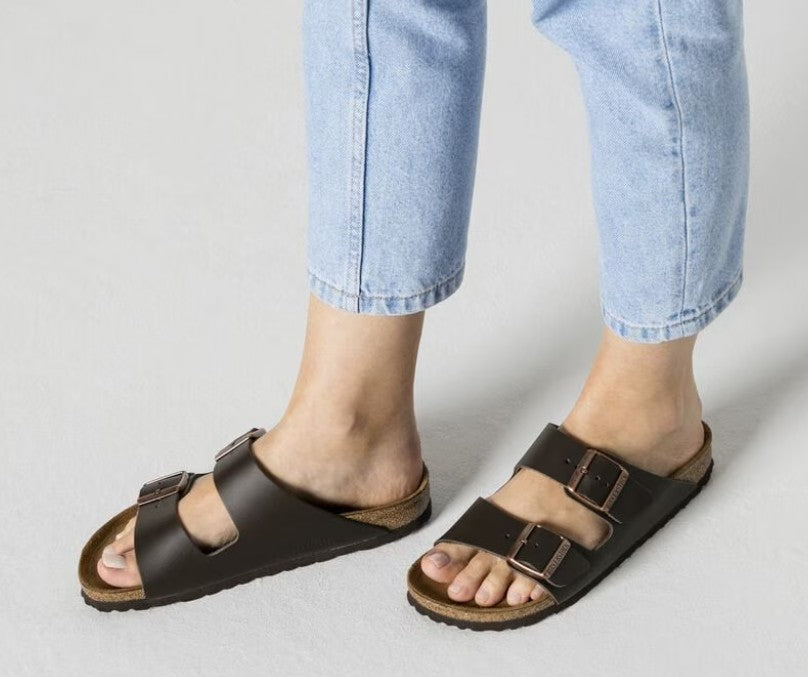 Birkenstock Arizona Two-Strap Natural Leather Sandals Brown Narrow Fit