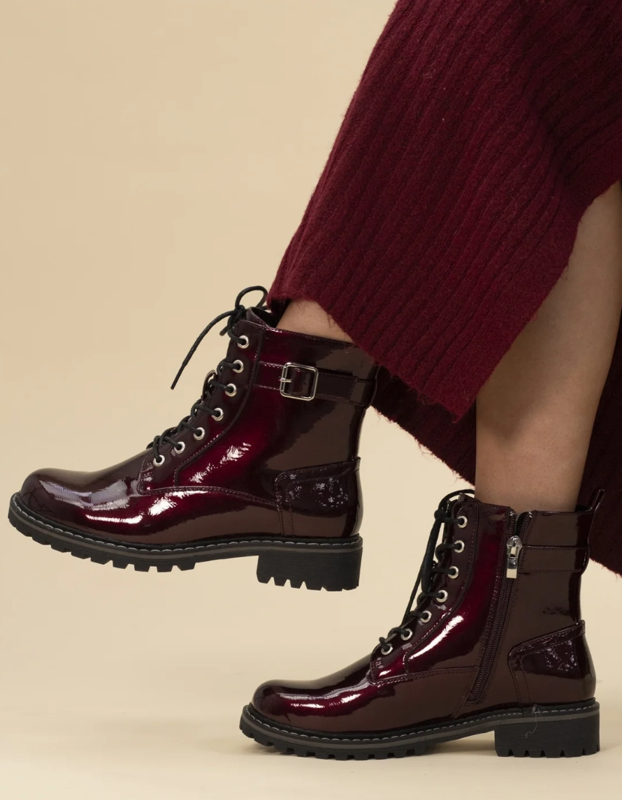 Womens Lunar Parlour Patent Biker Boots Burgundy