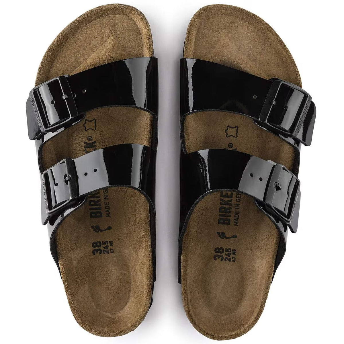 Birkenstock Arizona Two-Strap Patent Sandals Black Narrow Fit – top view