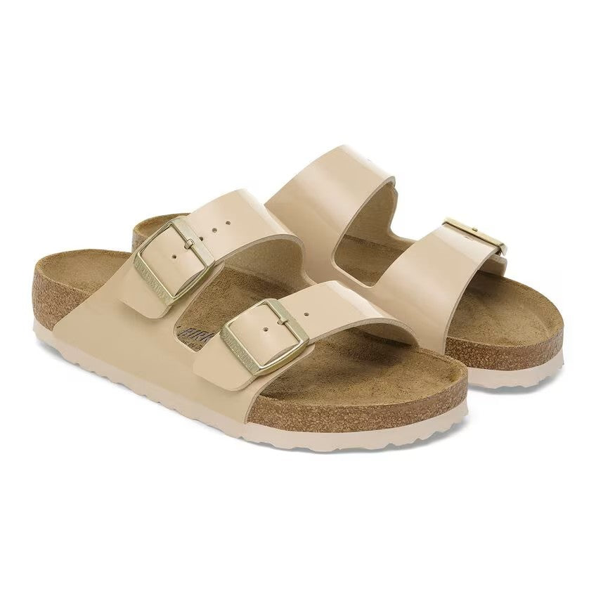 Birkenstock Arizona Two-Strap Patent Sandals Sand Brown Narrow Width