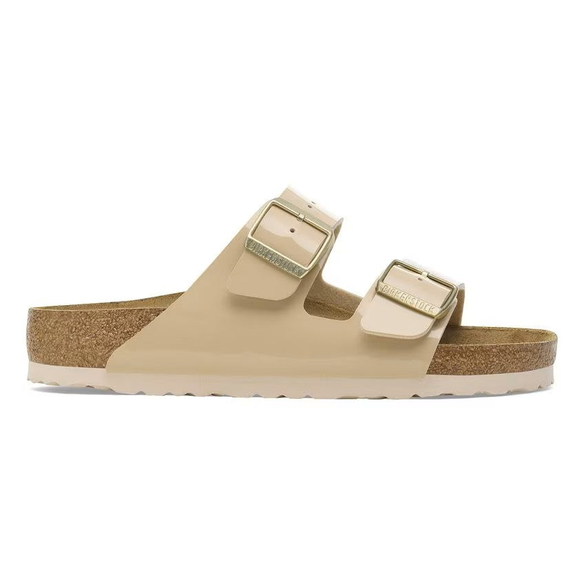 Birkenstock Arizona Two-Strap Patent Sandals Sand Brown Narrow Width