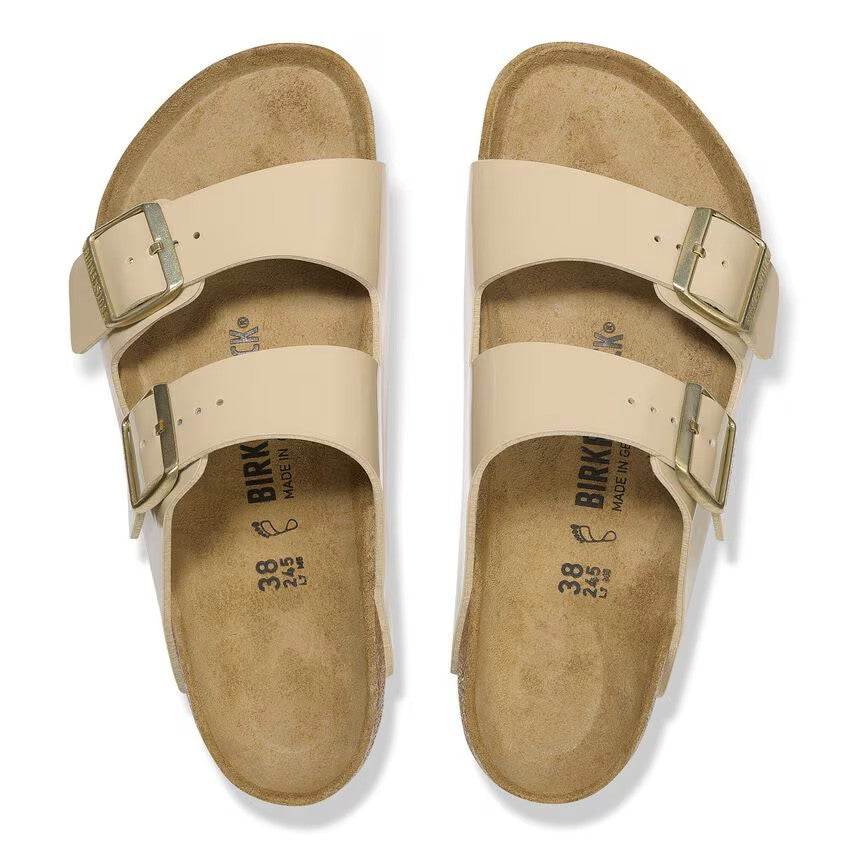 Birkenstock Arizona Two-Strap Patent Sandals Sand Brown Narrow Width