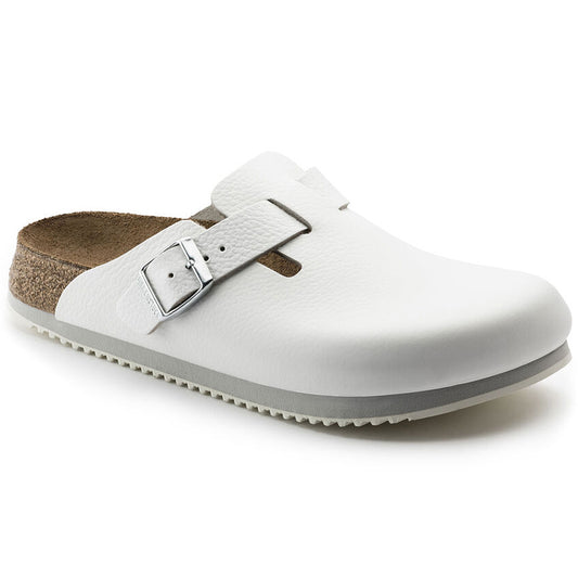 Birkenstock Boston Super Grip Natural Leather Clogs White Narrow Fit