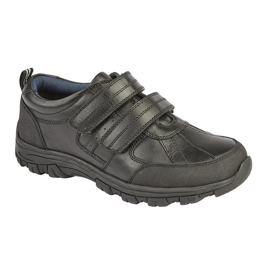 Boys Roamers School Twin Touch Fastening Leather Boys Shoe Black