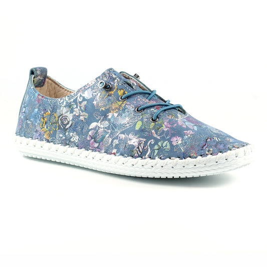 Womens Lunar Exbury Floral Leather Plimsoll Shoes Blue