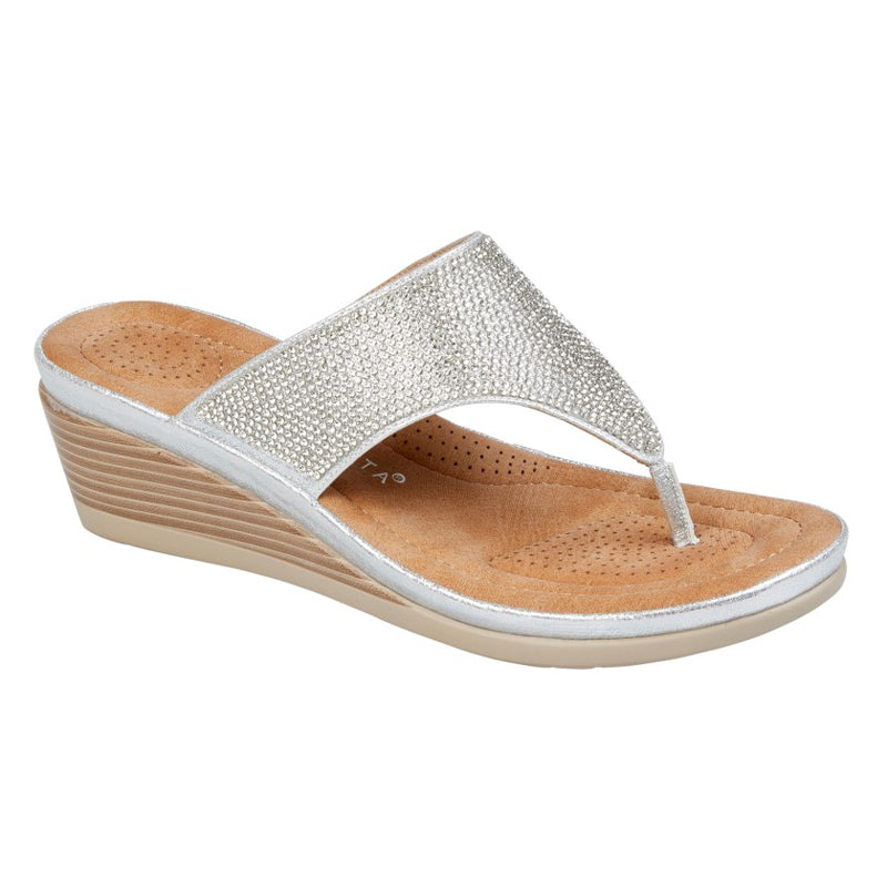 Womens Cipriata Toe Post Diamonte Wedge Sandals Silver