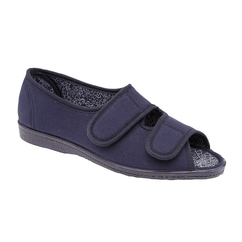 Womens Sleepers Peep Toe EE Fitting Velcro Touch Slipper Navy