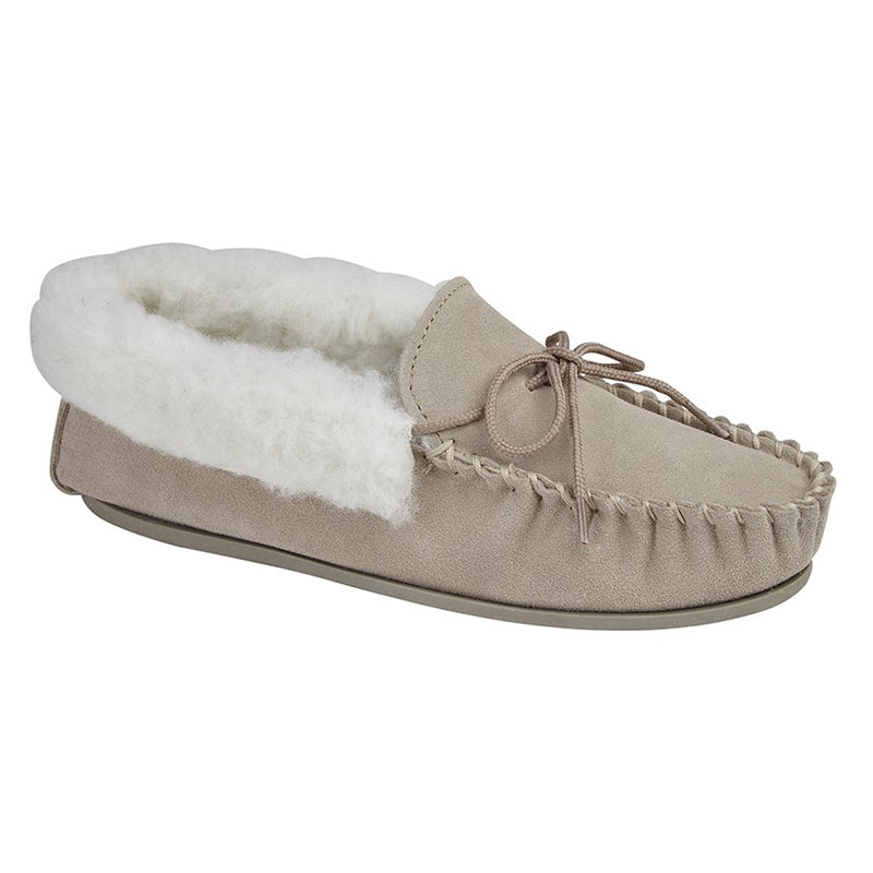 Womens Mokkers Emily Suede Moccasin Slipper Stone