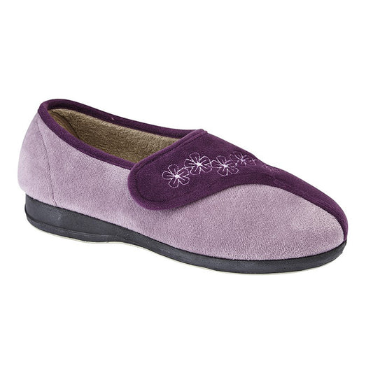 Womens Sleepers GEMMA Embroidered Velcro Touch Slipper Purple