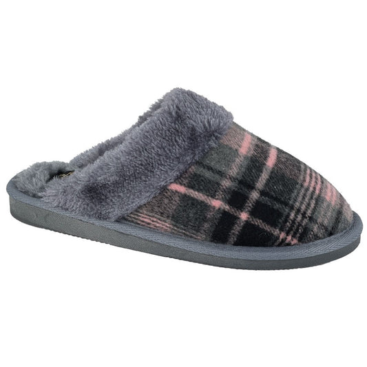 Womens Sleepers Tartan Textile Mule Slippers Black