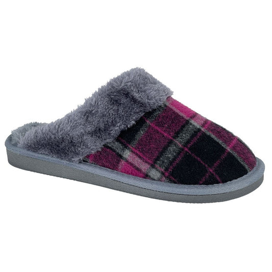 Womens Sleepers Tartan Textile Mule Slippers Purple