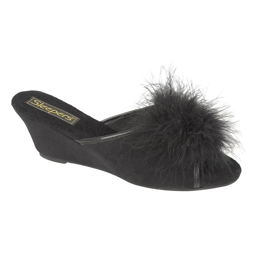 Womens Sleepers Velour Wedge Mule Slippers Black