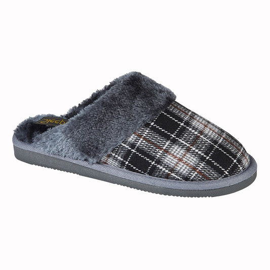 Womens Sleepers Check Textile Mule Slippers Black