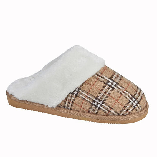 Womens Sleepers Check Textile Mule Slippers Beige