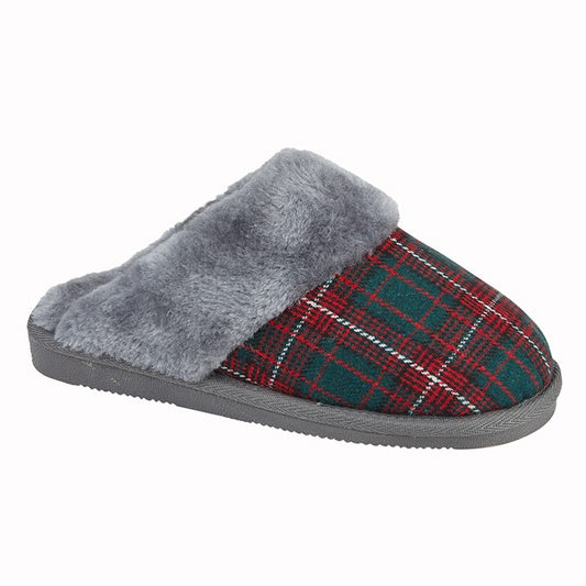 Womens Sleepers Check Textile Mule Slippers Red