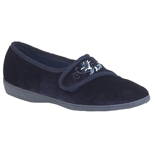 Womens Sleepers JOLENE Embroidered Velcro Touch Slipper Navy