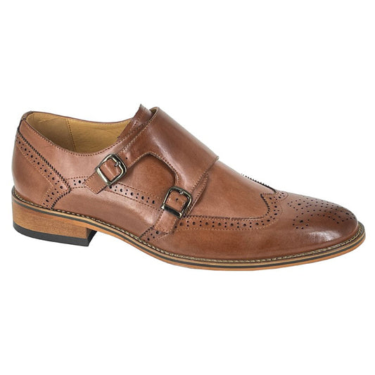 Mens Goor Twin Buckle Smart Brogue Monk Shoes Brown