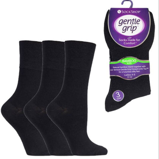 Womens Gentle Grip Honeycomb Top Bamboo Blend Black Socks