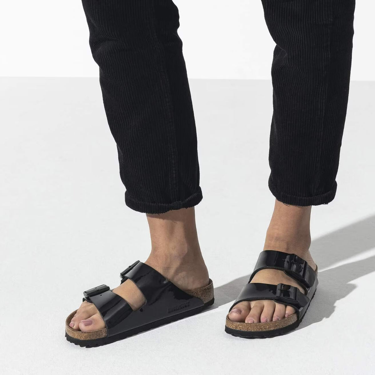 Birkenstock Arizona Two-Strap Patent Sandals Black Narrow Fit