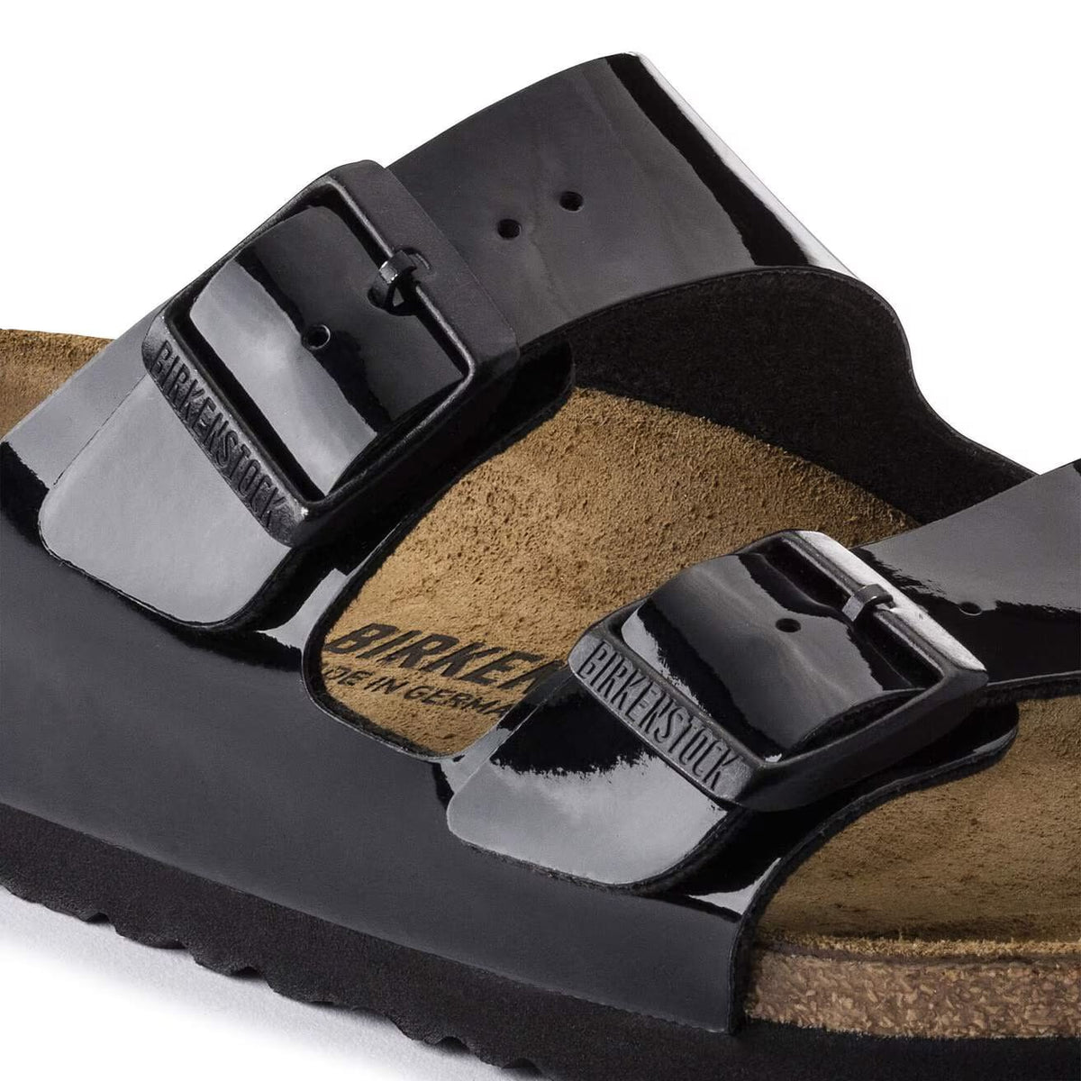 Birkenstock Arizona Two-Strap Patent Sandals Black Narrow Fit – detail view