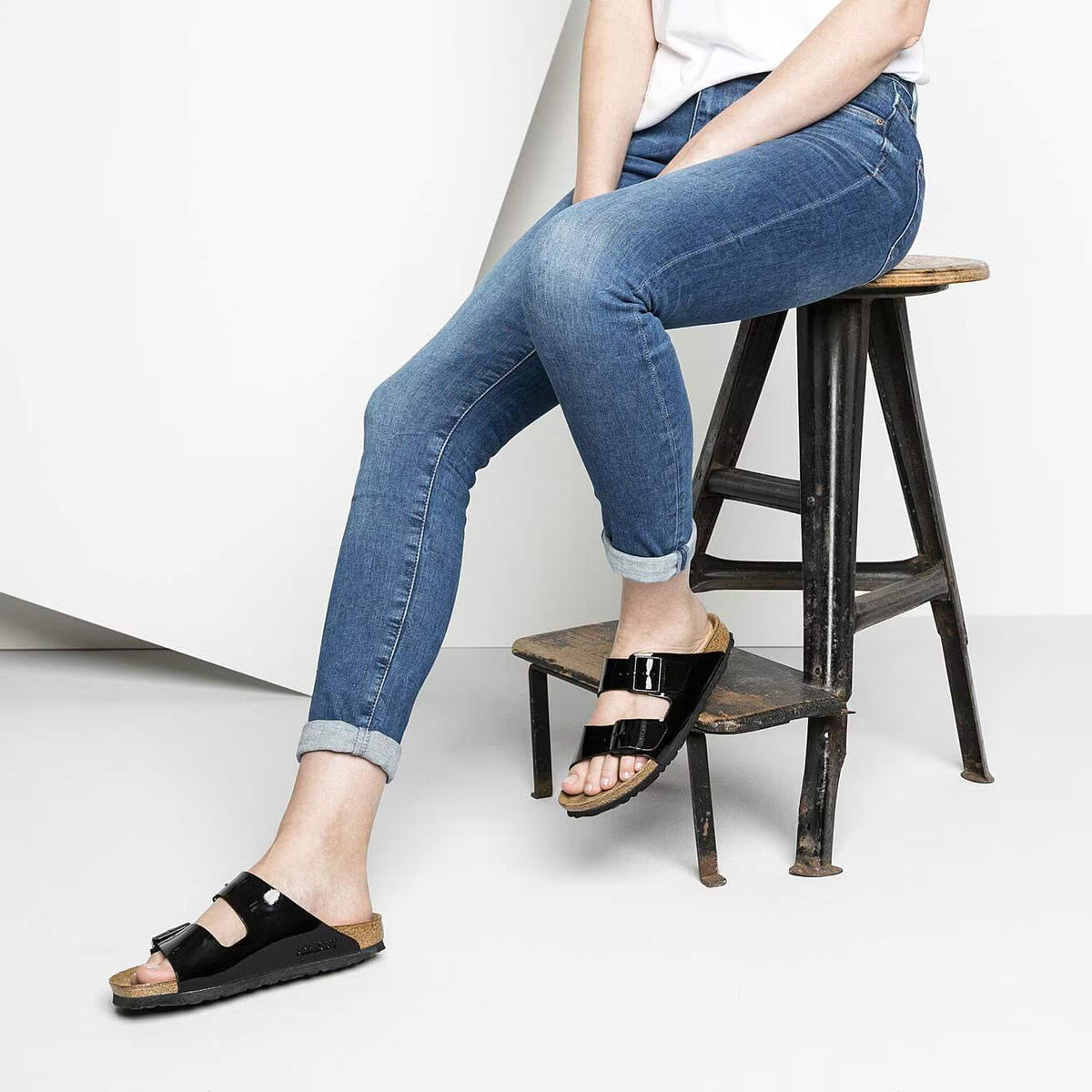 Birkenstock Arizona Two-Strap Patent Sandals Black Narrow Fit – look view