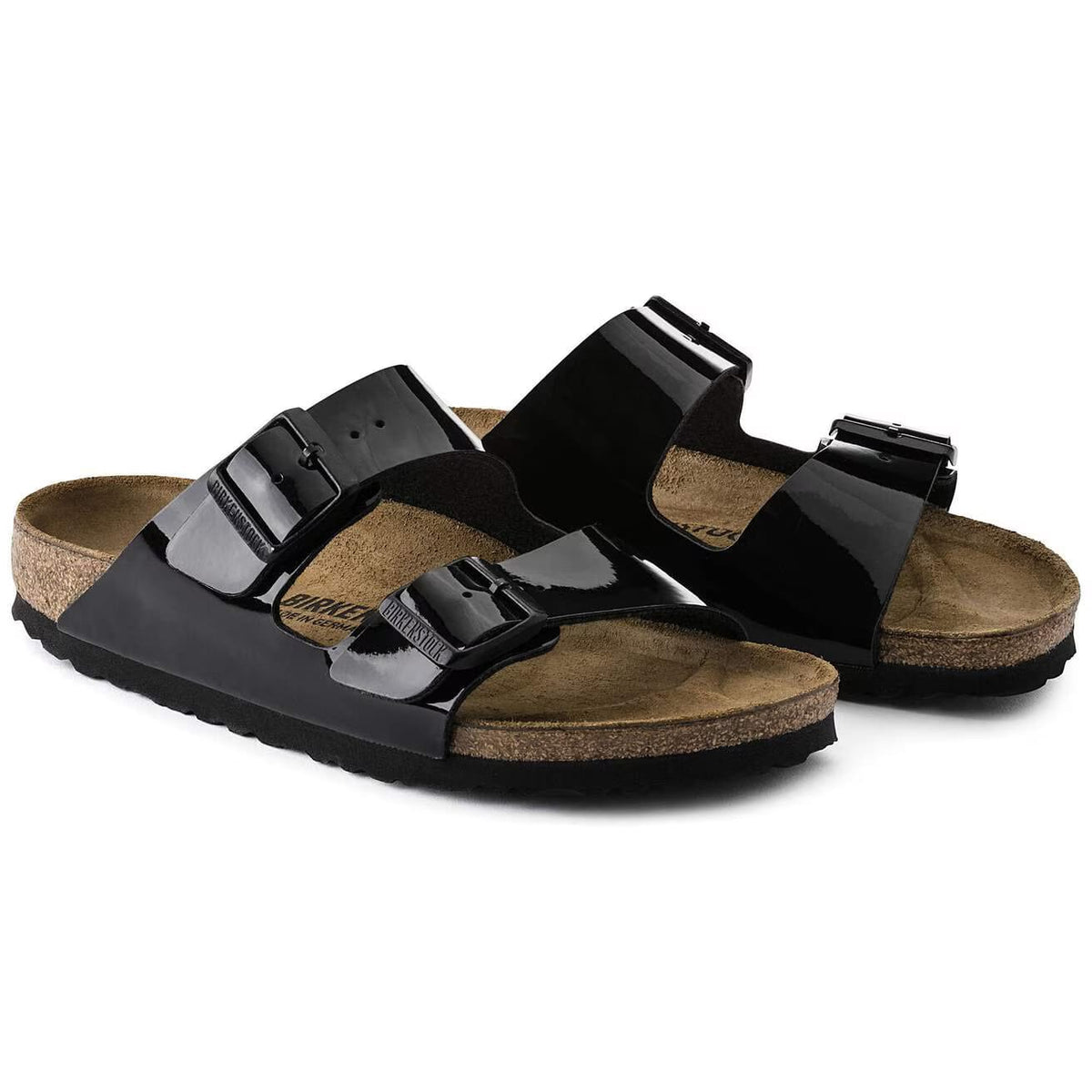 Birkenstock Arizona Two-Strap Patent Sandals Black Narrow Fit – pair view