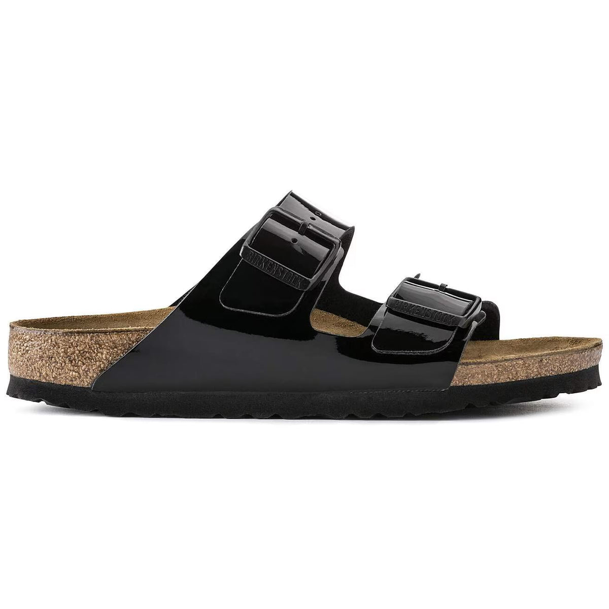 Birkenstock Arizona Two-Strap Patent Sandals Black Narrow Fit – side view