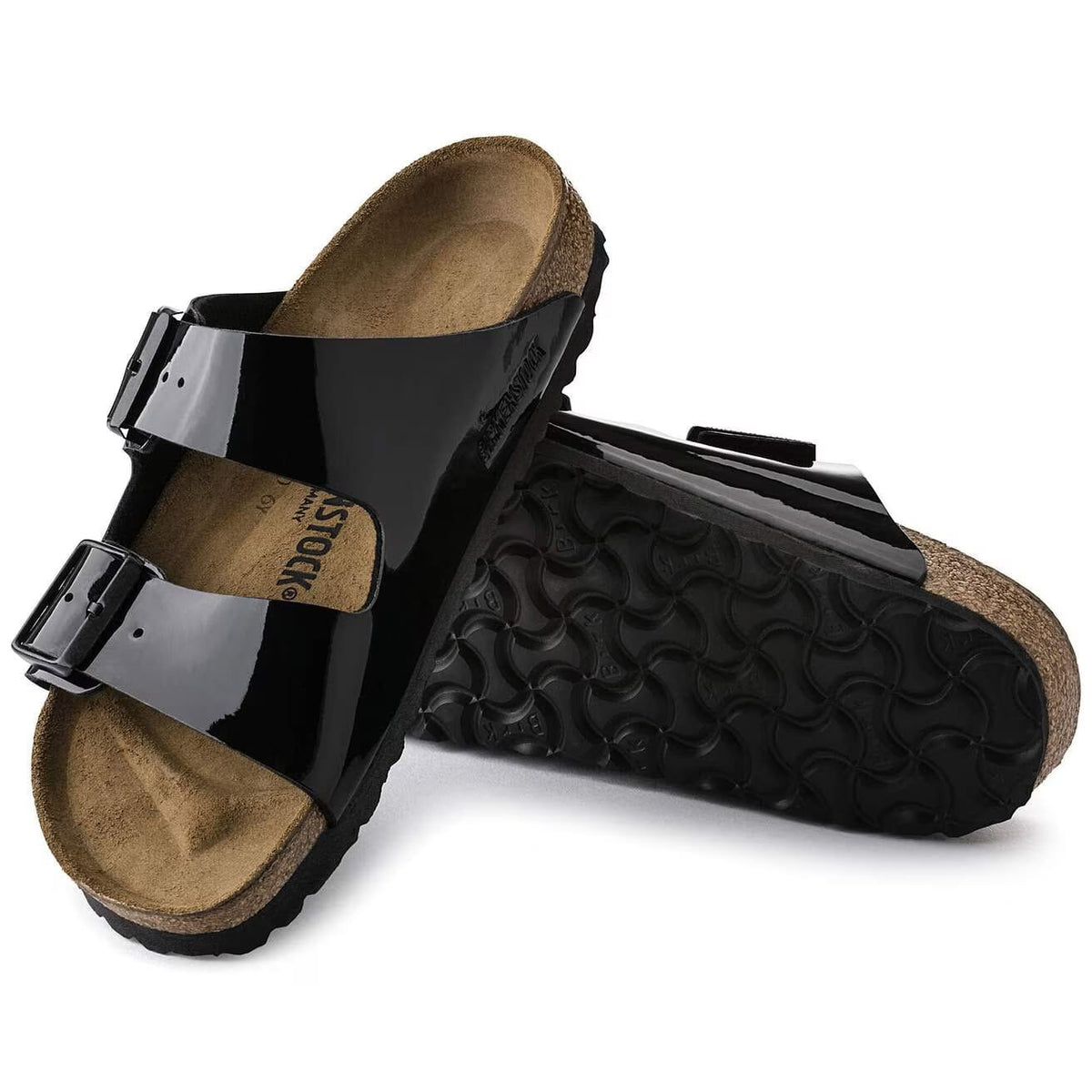 Birkenstock Arizona Two-Strap Patent Sandals Black Narrow Fit – sole view