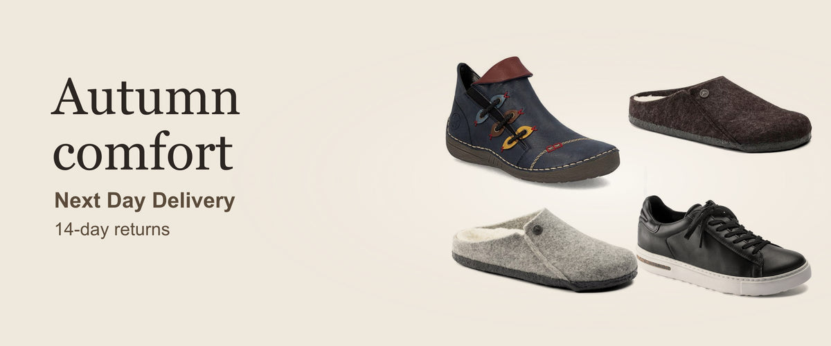 Four comfort shoes and slippers shown on a light beige background with promotional text reading 'Autumn comfort', 'Next Day Delivery', and '14-day returns'. The products include navy, brown, gray, and black footwear in ankle boot, mule, slipper, and sneaker styles.